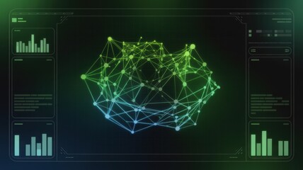 Abstract data network visualization with connected nodes and interactive user interface