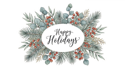 A festive wreath with leaves and berries around Happy Holidays cursive text, ideal for joyful season's greetings, holiday party invites, and warm festive decorations.