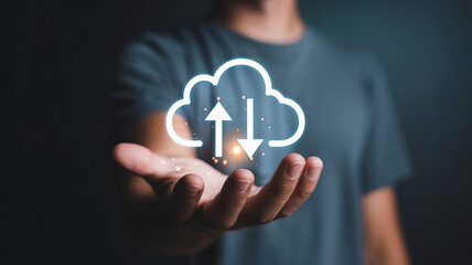 Hand holding cloud icon with upload and download arrows