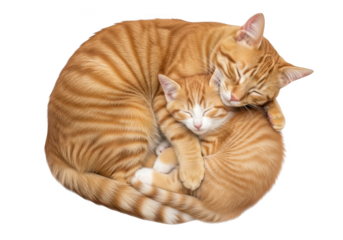 Adorable orange tabby cat and kitten cuddling together, sleeping peacefully on transparent background.