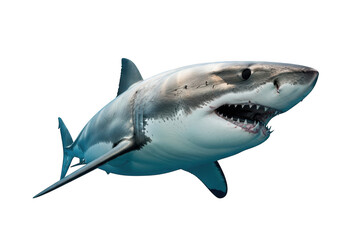 Fototapeta premium Great White Shark Swimming in transparent Waters with Open Mouth Showing Sharp Teeth