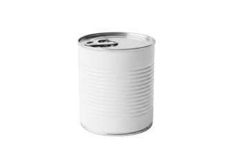 White tin can with silver lid and pull tab on transparent background, isolated and blank for product packaging design.