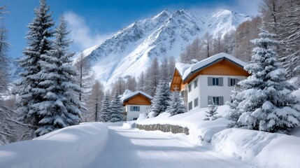 Naklejka premium Winter mountain landscape featuring snow covered chalets
