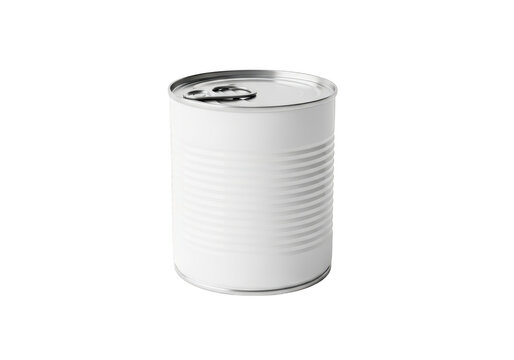 White tin can with silver lid and pull tab on transparent background, isolated and blank for product packaging design.