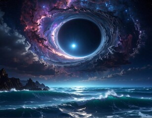 Cosmic event dark abyss over stormy sea, astral swirls, and rocks