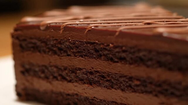 A decadent chocolate cake showcasing rich layers and drizzled frosting.