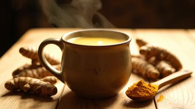 A steaming cup of turmeric drink with root and spice on a wooden table.