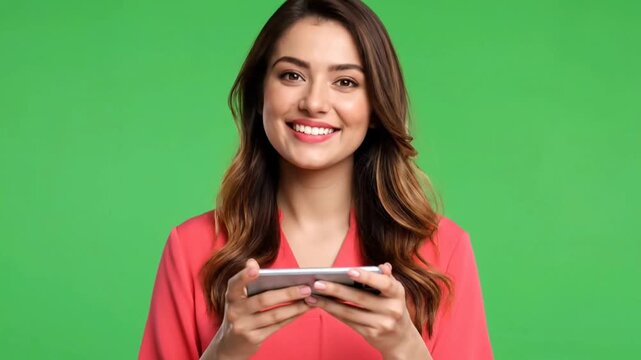 A joyful woman interacting with a smartphone against a green backdrop.