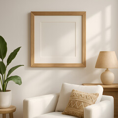 Empty Wooden Picture Frame Mockup in Minimalist Scandinavian Interior Design with Natural Light