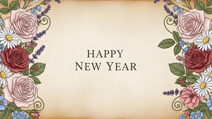 Naklejka premium Floral new year greeting with roses daisies and copy space design