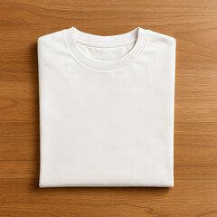Folded White T-Shirt Mockup on Wooden Background. Blank Apparel Template for Design Presentation. Top View.