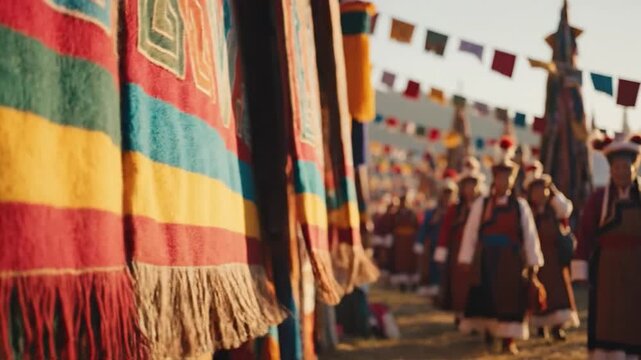 Vibrant tibetan prayer flags and monks at cultural event