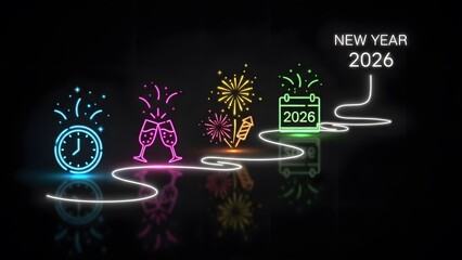 Neon new year 2026 illustration of clock champagne fireworks calendar