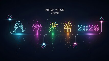 Obraz premium Neon new year 2026 illustration with festive decorations and fireworks