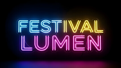 A vibrant neon sign displaying the text 'festival lumen' with colorful glowing lights