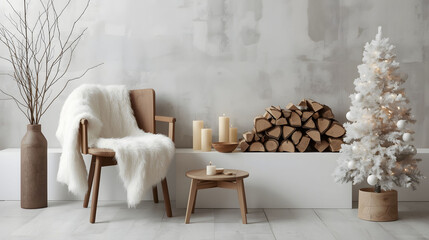 Minimal Scandinavian living room interior with wooden chair, cozy blanket and fireplace decor in soft neutral tones for modern home design
