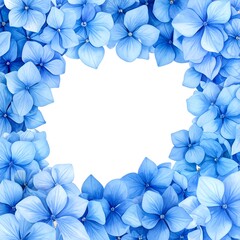 A frame of soft, vibrant blue blossoms surrounds a white space. The flowers are a gentle pastel hue, contrasting against the plain, clean background
