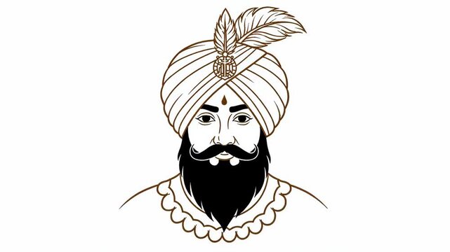 Illustrated bust portrait of a man with a turban, black beard, and mustache, featuring traditional attire and a feather plume, isolated on a clean white background.