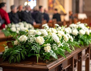 Close-up of white flowers resting on a dark wooden surface