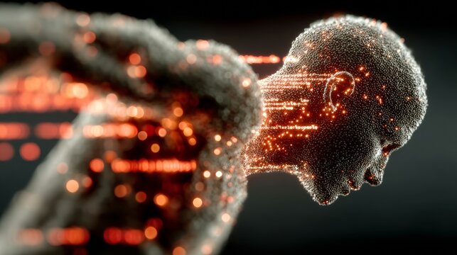 Dynamic digital human form with flowing data streams, perfect for AI or futuristic technology concepts - Powered by Adobe