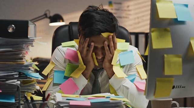 Overwhelmed professional buried in paperwork and sticky notes, stressed at office desk, close-up viewpoint highlighting workplace chaos and frustration concept