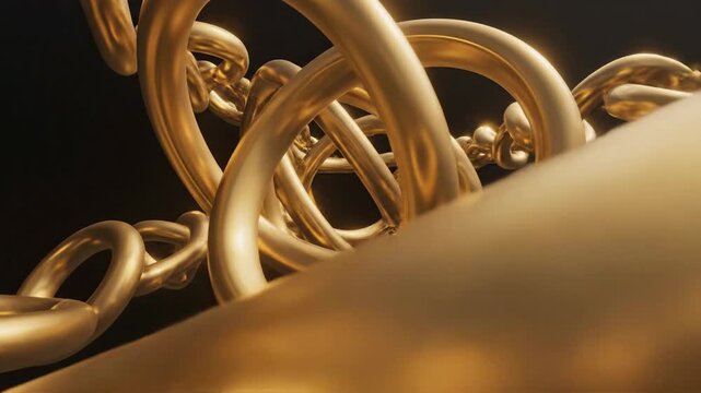 Abstract close up of interlocking golden rings and chain links on black background