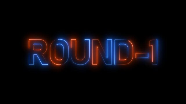 Round 1 neon bright text font colorful 4k video animation. Neon round up sign and upper round. next round text animation on black background.