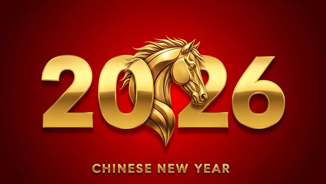Golden horse head in 2026 chinese new year logo on red background