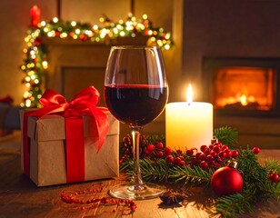Cozy holiday scene with wine glass, gift, and candle