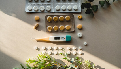 A collection of medical supplies including blister packs of pills, loose tablets, and a digital thermometer arranged on a neutral background