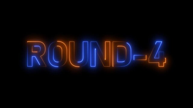 Round 4 neon bright text font colorful 4k video animation. Neon round up sign and upper round. next round text animation on black background.