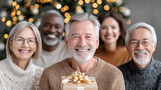Diverse Seniors Celebrating Christmas with Warm Gift Giving