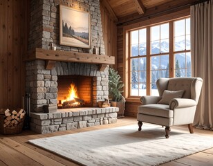 Cozy living room with fireplace, window to snow-capped mountains, armchair