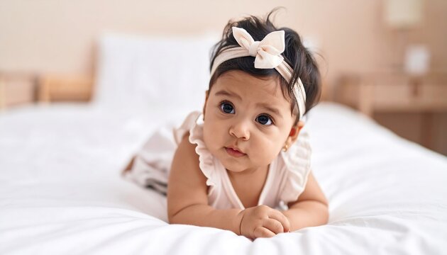 A cute, dark-haired baby, wearing a soft headband and a frilly dress, looks up with big, curious eyes while lying on a white bed