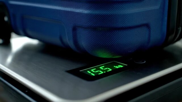 A blue suitcase being weighed on a digital scale, ready for travel.
