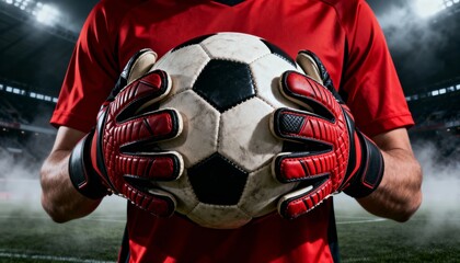 Football Goalkeeper Hand Gesture with Red Gloves on Stadium Pitch