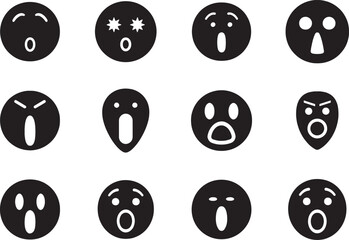 Bold silhouette surprised face icon set showing shock, amazement, and expressive emotions.