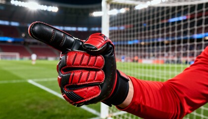 Football Goalkeeper Hand Gesture with Red Gloves on Stadium Pitch