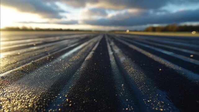 Medium shot displaying the detailed texture of a weatherproof treated runway surface optimized to maintain traction and reduce hydroplaning during storms