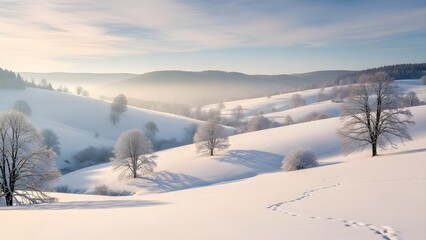 Snowy landscape winter scene with trees and hills