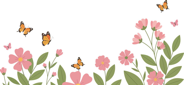 Decorative border design with vibrant pink flowers and flying orange butterflies