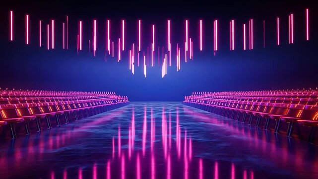 Neon-lit runway with rows of seats