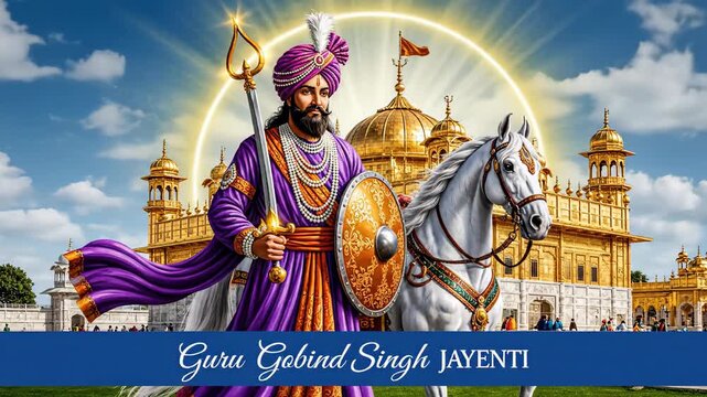Guru Gobind Singh, warrior on white horse with sword and shield, before golden temple under radiant sky, celebrating Guru Gobind Singh Jayanti. Gobind