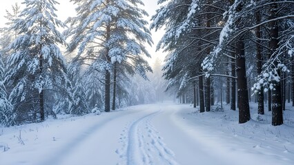 Fototapeta premium Snowy forest road winter landscape