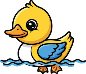 A charming cartoon illustration of a yellow duckling swimming in blue water waves