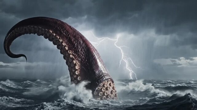 Stormy ocean scene with giant octopus tentacle rising amidst lightning strikes, dramatic nature environment viewed from sea level