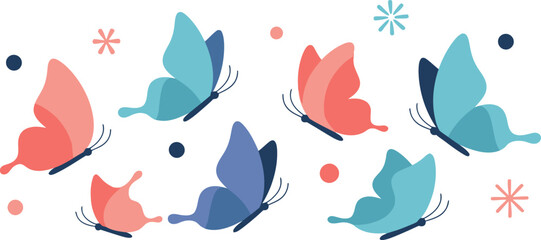 Stylized illustration of various butterflies in different shades of blue and pink flying together