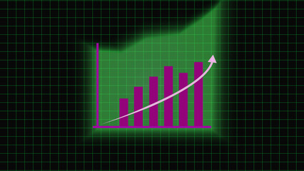 Green Grid Background With Upward Trending Magenta Bar Chart And Arrow graph growth.