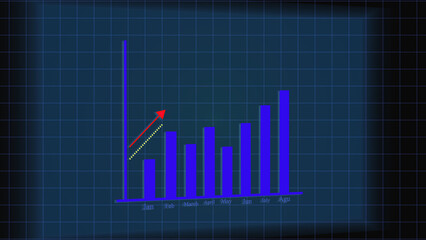 Blue bar graph with upward trend arrow and dotted line on grid background bar chart data.