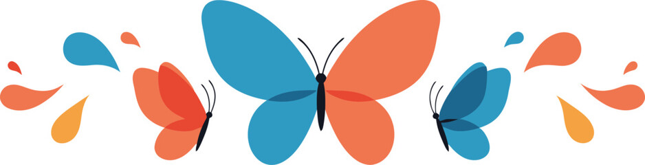 Vibrant illustration depicting three stylized butterflies in shades of blue and orange